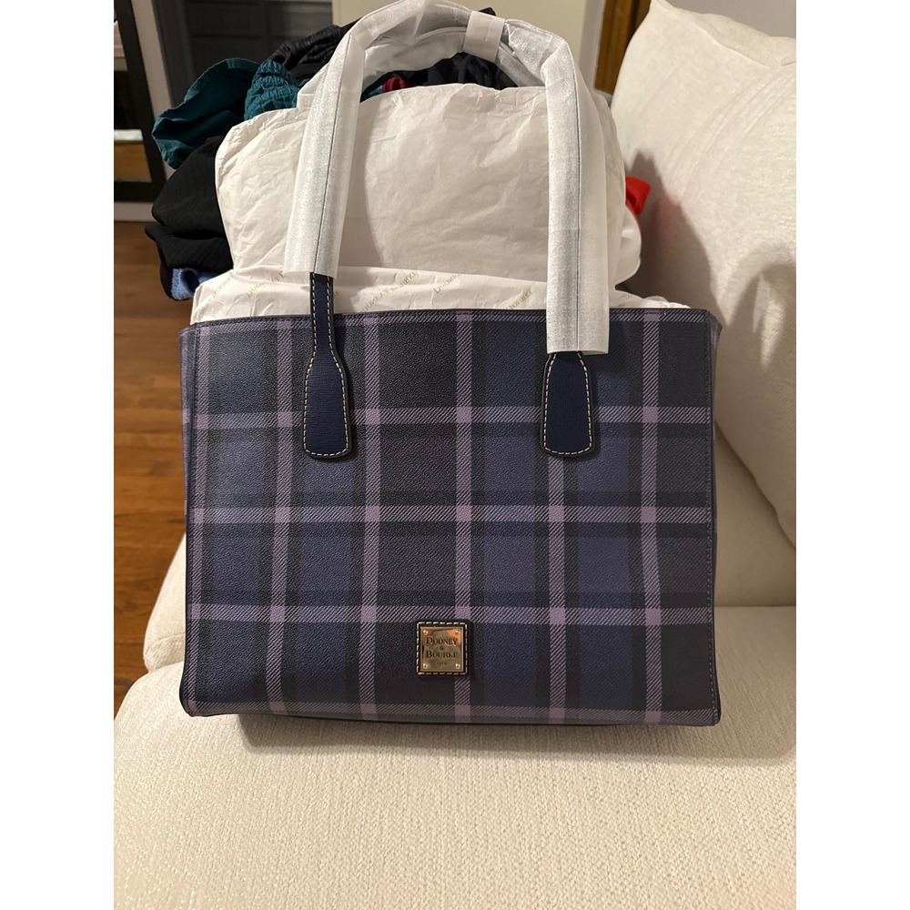 Dooney & Bourke Ashton Tote Blue Purple Plaid Leather Handbag NEW - Picture 10 of 10